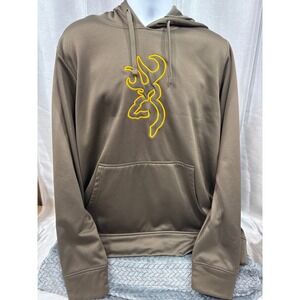 Browning Mens XL Brown Performance Fleece Hoodie Yellow Buckmark Logo Pullover